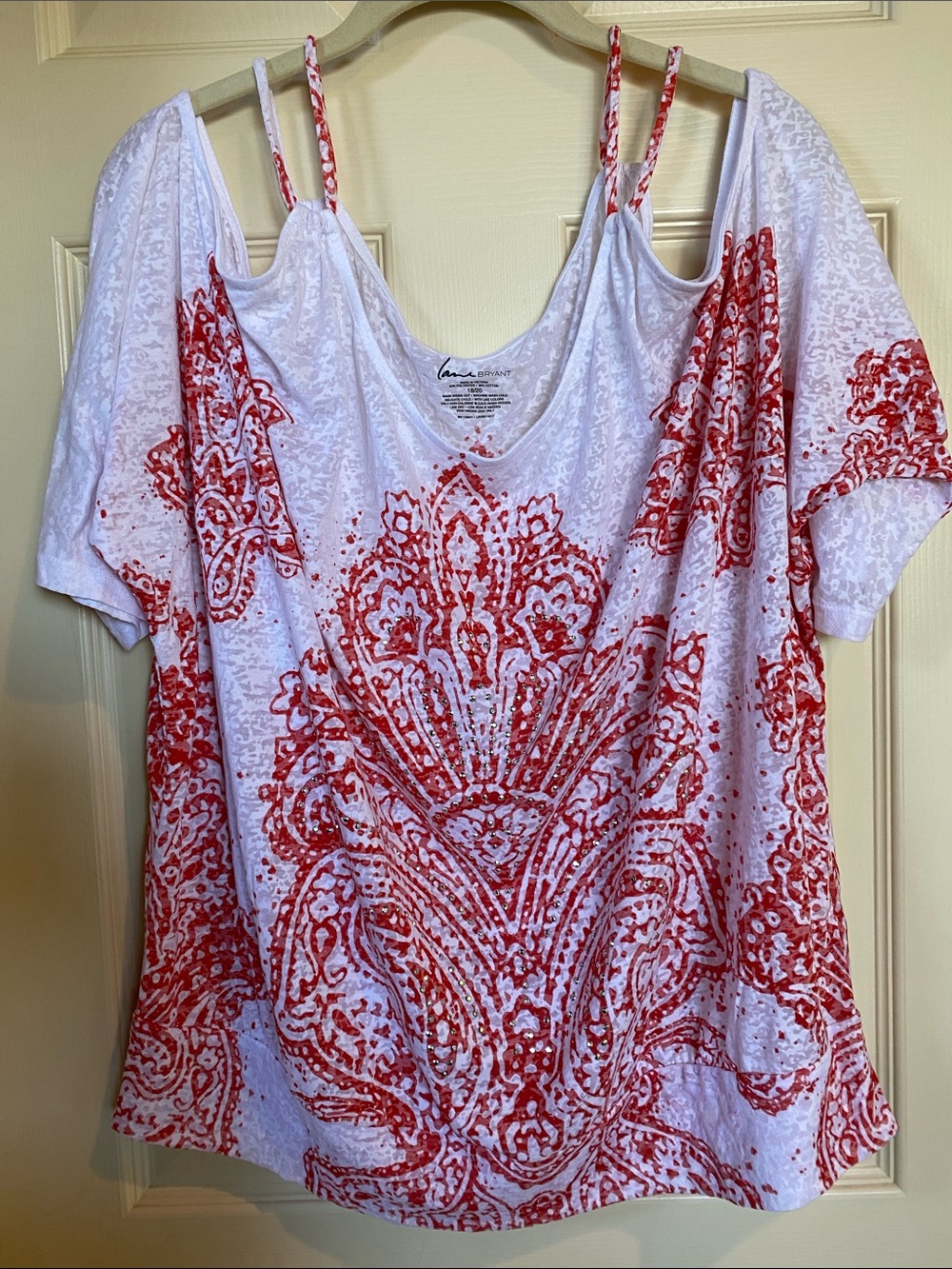 Lane Bryant White Cold-Shoulder Tee with Red Paisley Print
